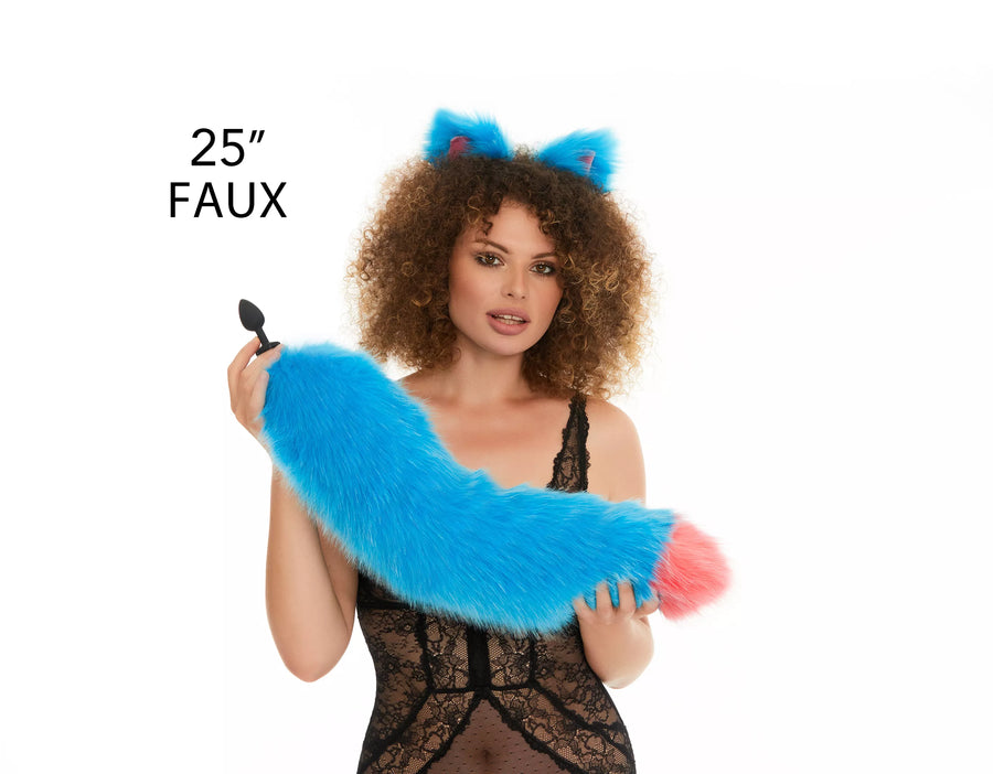 Fluffy Tail Butt Plugs blue with pink tip 25"