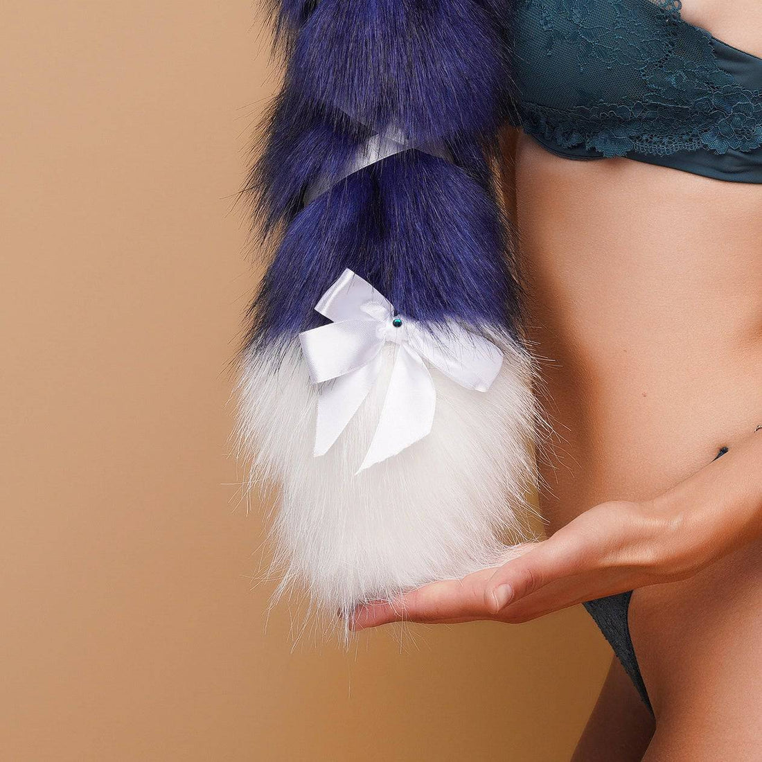 Blue tail butt plug with white tip and white ribbons 19" - OKOVA