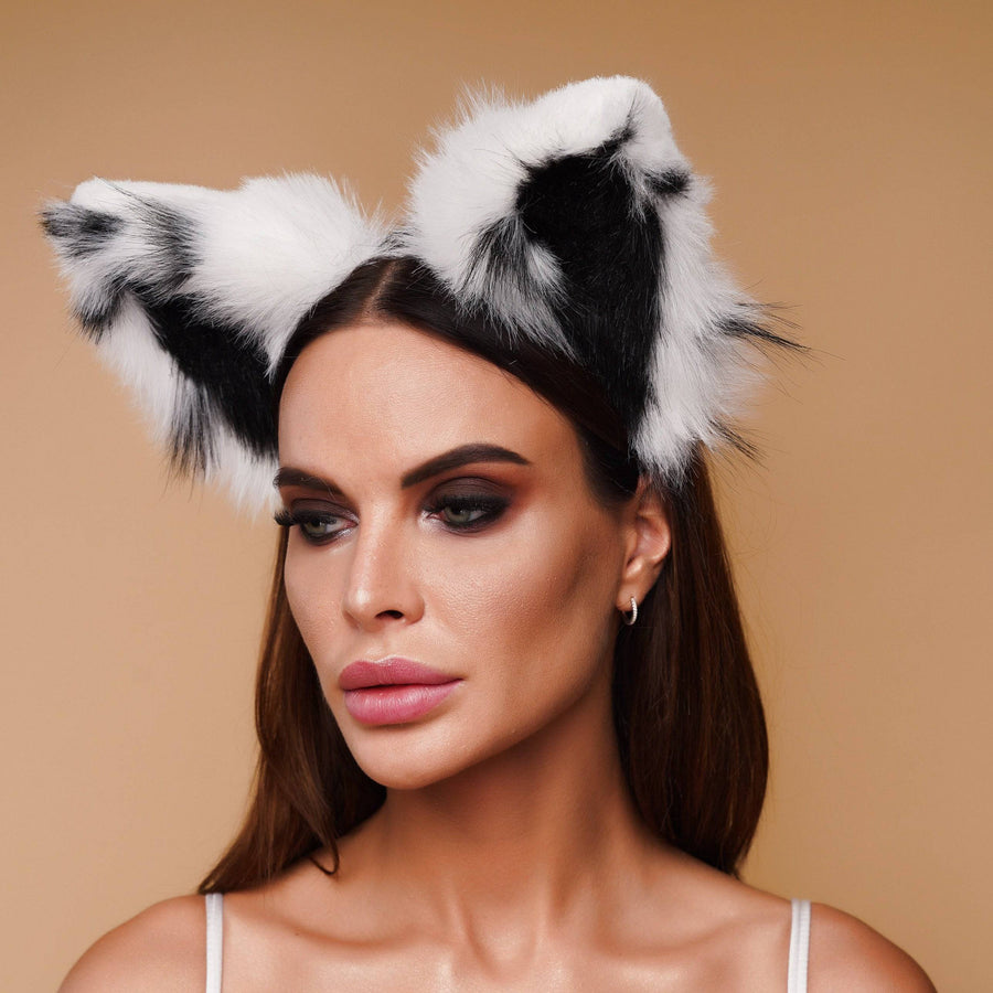 Fluffy cat ears white with black tip and black dot - OKOVA