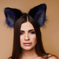Fluffy kitsune ears black with blue gray tip - OKOVA