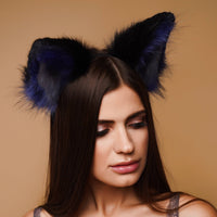 Fluffy kitsune ears black with blue gray tip - OKOVA