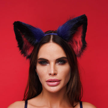 Fluffy kitsune ears blue with black red tip - OKOVA