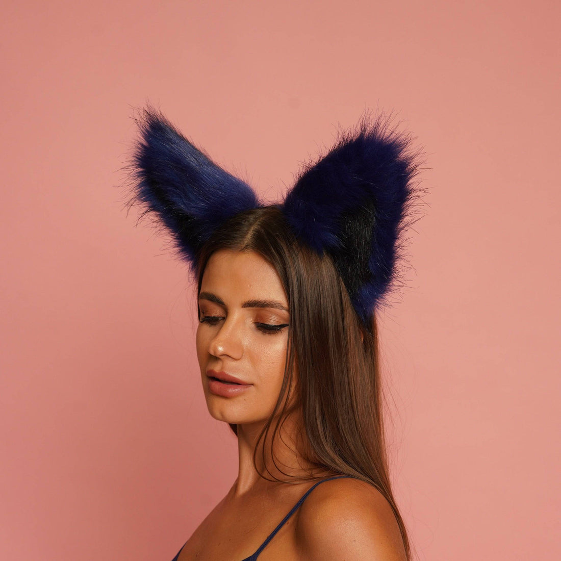 Fluffy kitsune ears blue with black tip - OKOVA