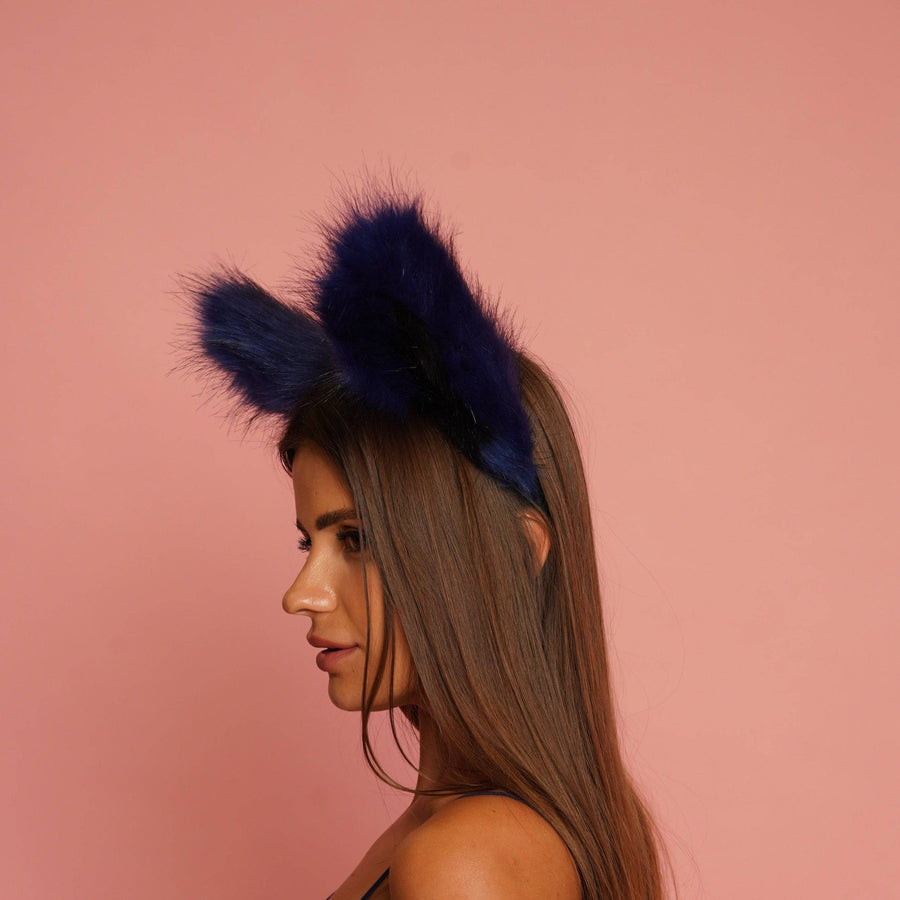 Fluffy kitsune ears blue with black tip - OKOVA