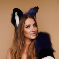 Fluffy kitsune ears blue with black white tip - OKOVA
