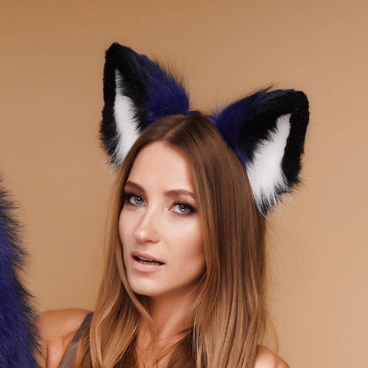 Fluffy kitsune ears blue with black white tip - OKOVA