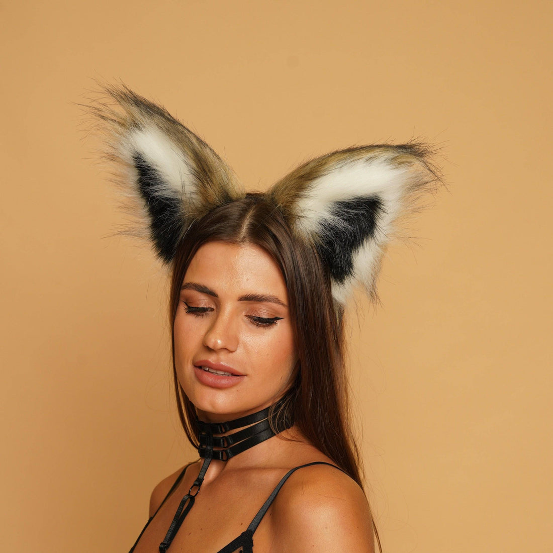 Fluffy kitsune ears brown with white black tip - OKOVA