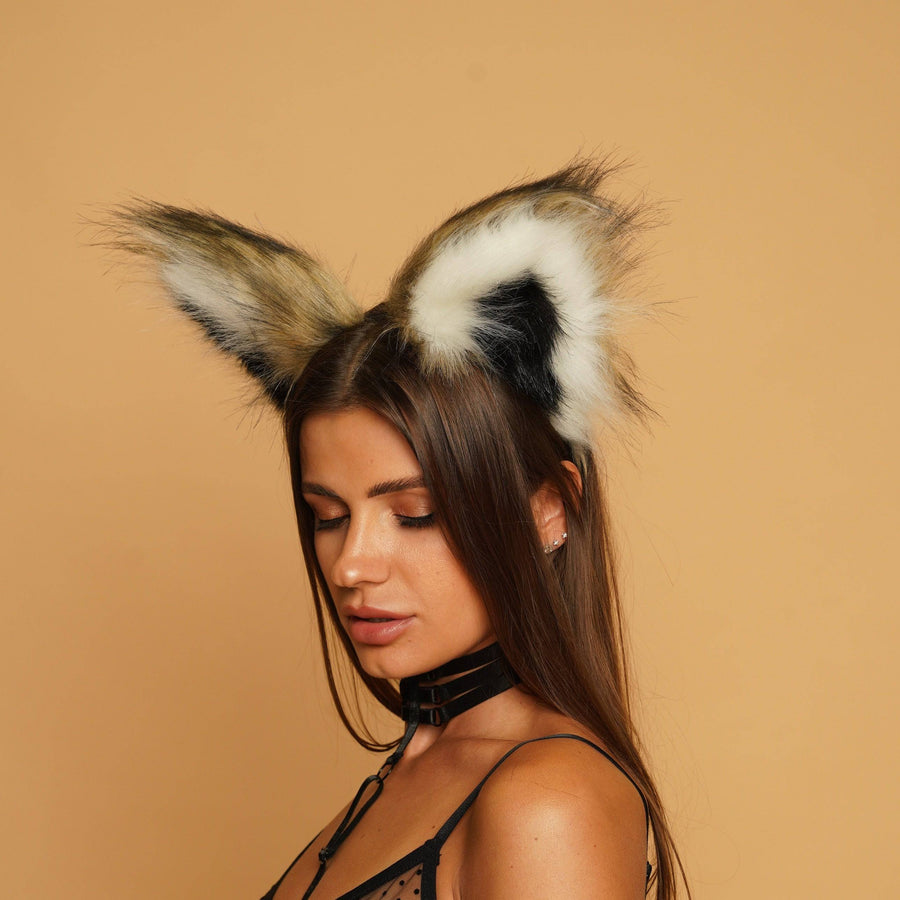 Fluffy kitsune ears brown with white black tip - OKOVA