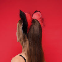 Fluffy kitsune ears red with black white tip - OKOVA