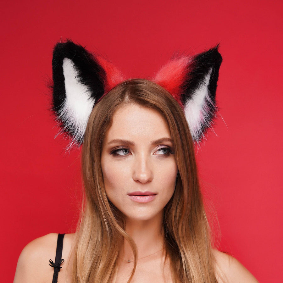 Fluffy kitsune ears red with black white tip - OKOVA