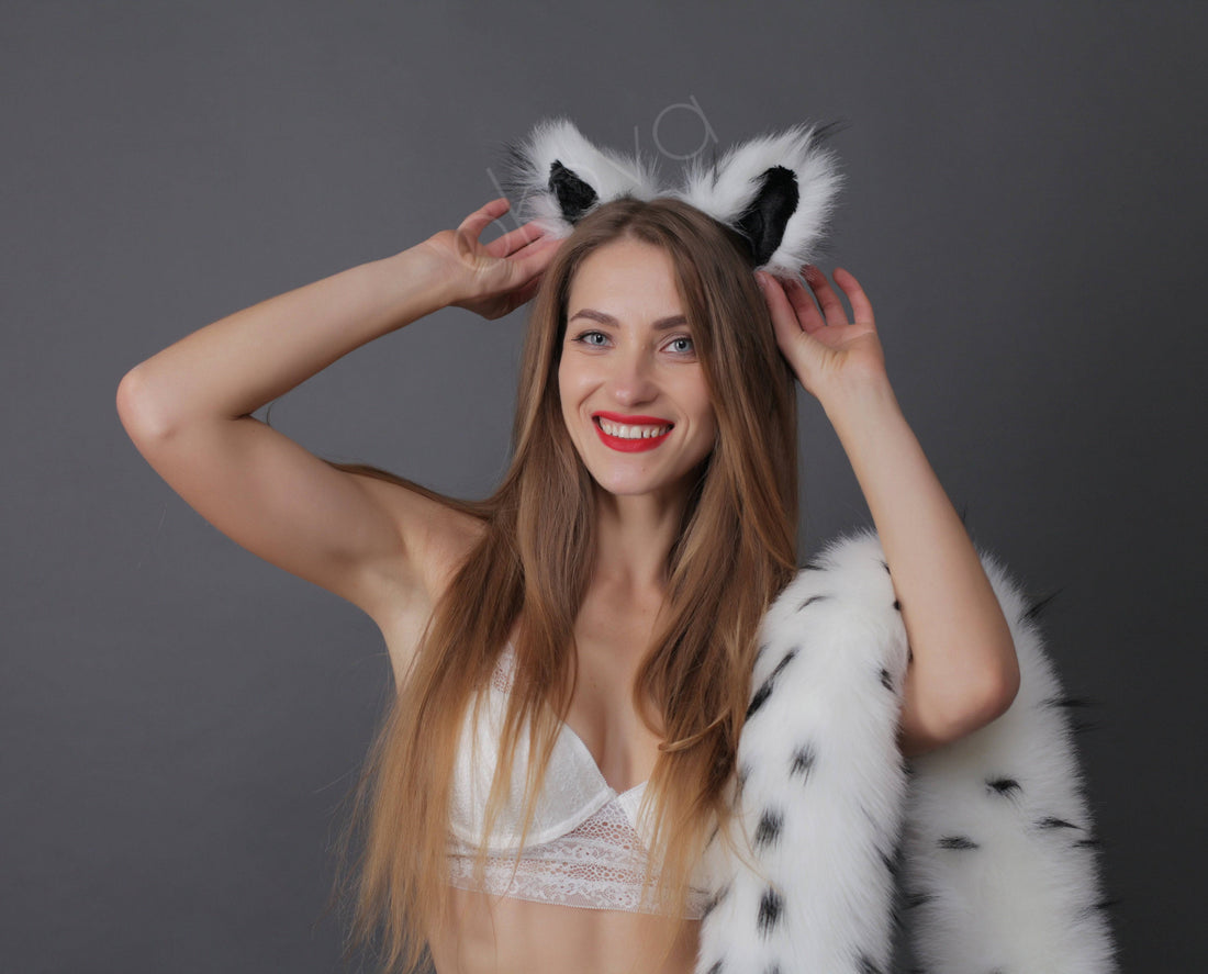 Cat ears white with black tip and white dot - OKOVA