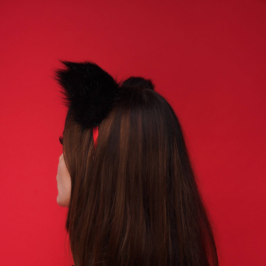 Kitten ears black with red tip and black ribbons - OKOVA