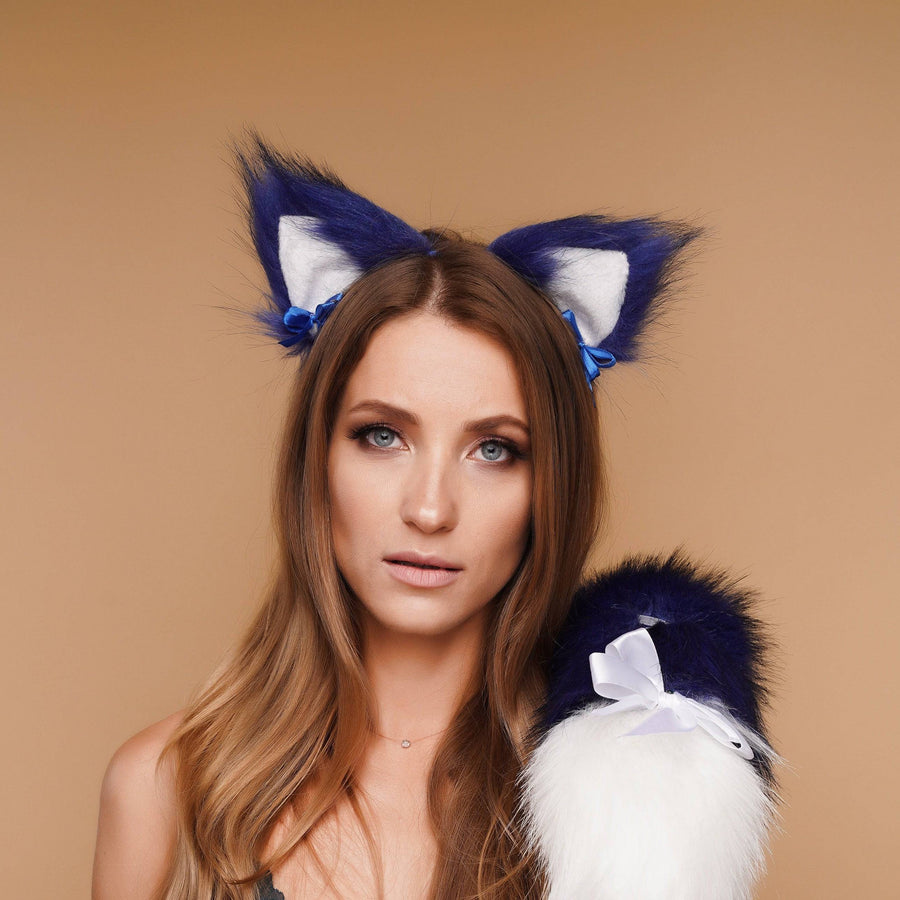Kitten ears blue with white tip and blue ribbons - OKOVA