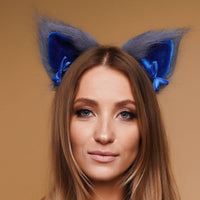 Kitten ears gray with blue tip and blue ribbons - OKOVA