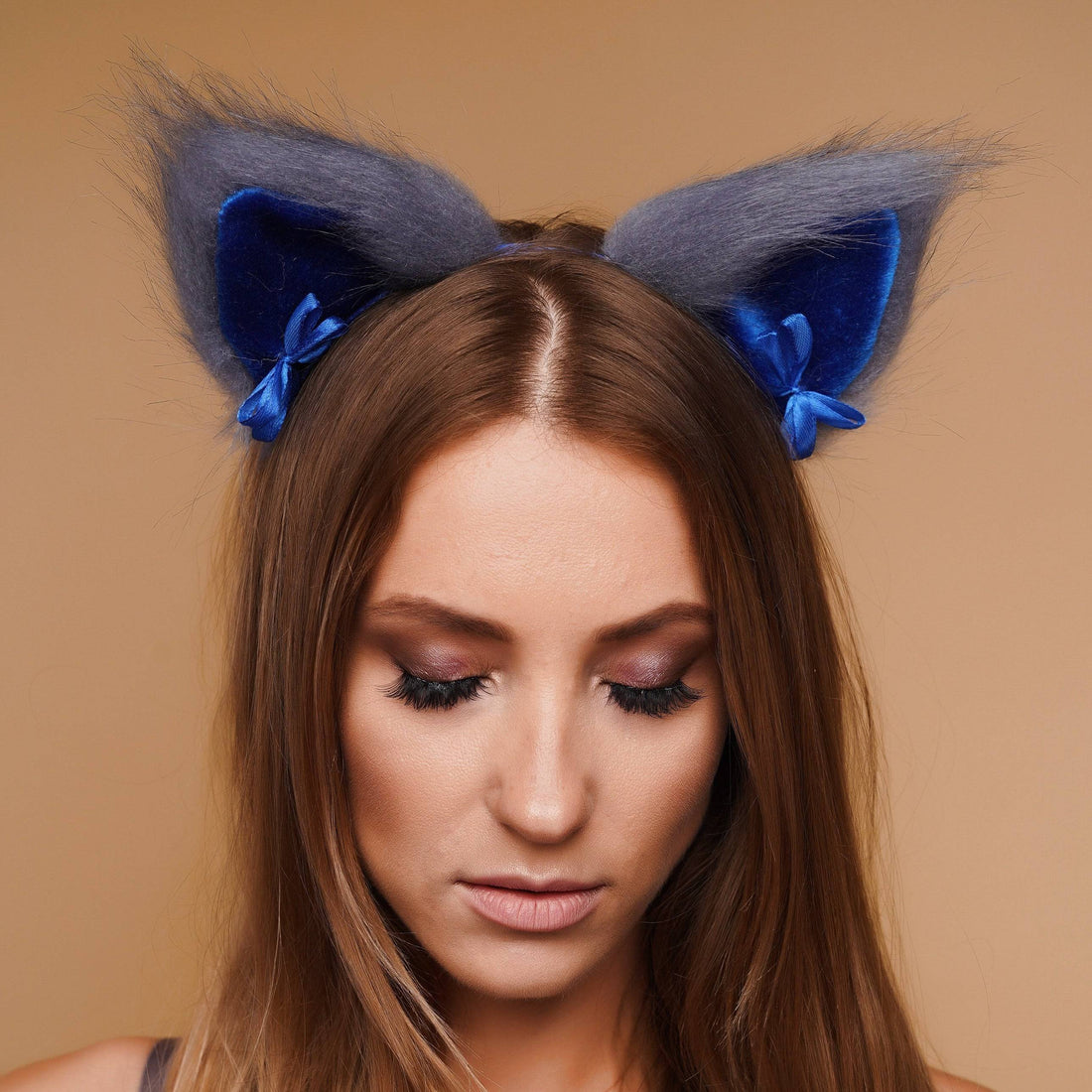 Kitten ears gray with blue tip and blue ribbons - OKOVA