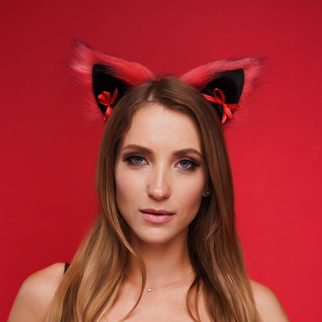 Kitten ears red with black tip and red ribbons - OKOVA