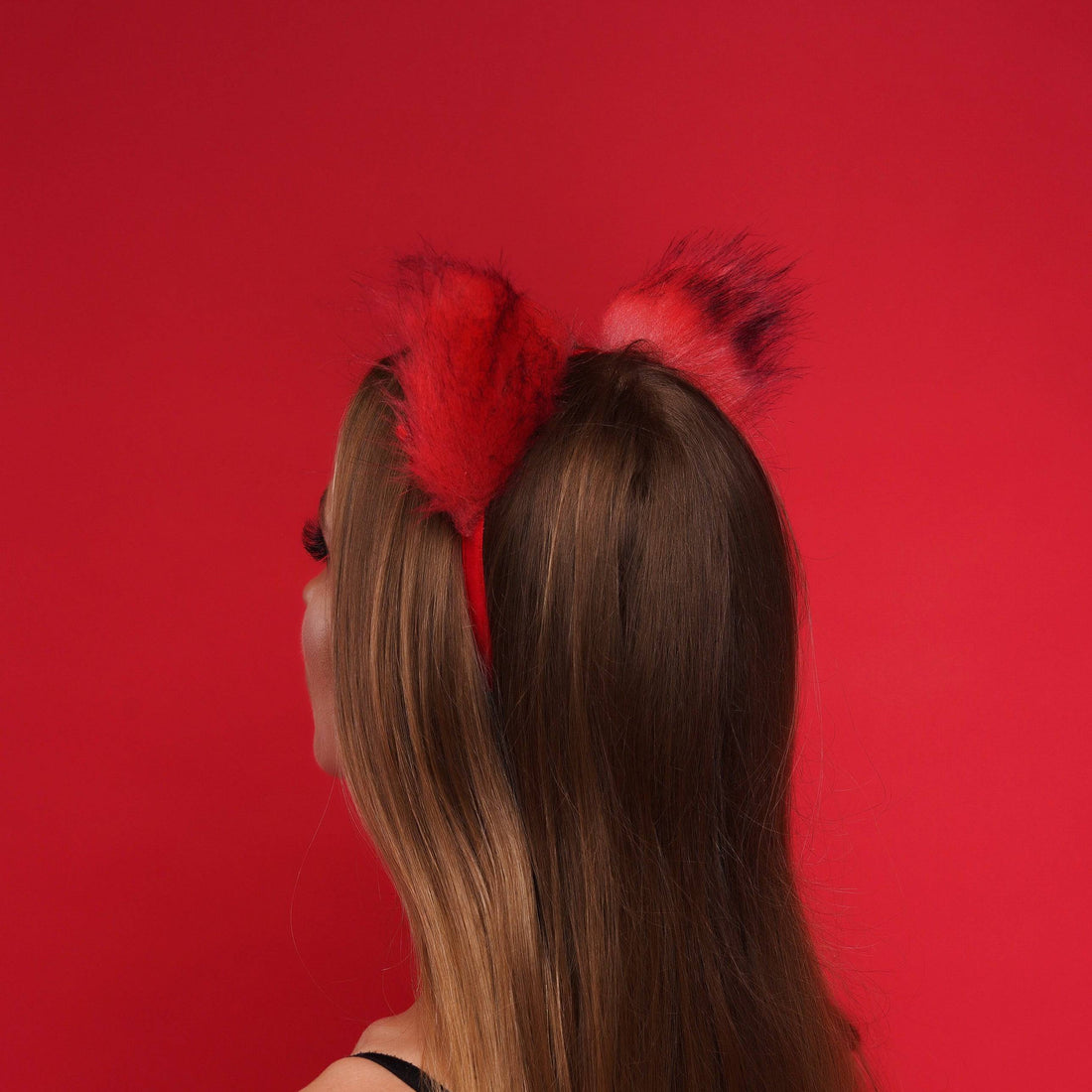 Kitten ears red with black tip and red ribbons - OKOVA
