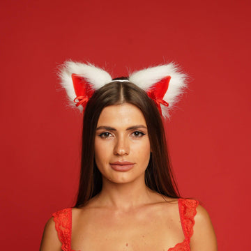 Kitten ears white with red tip and red ribbons - OKOVA