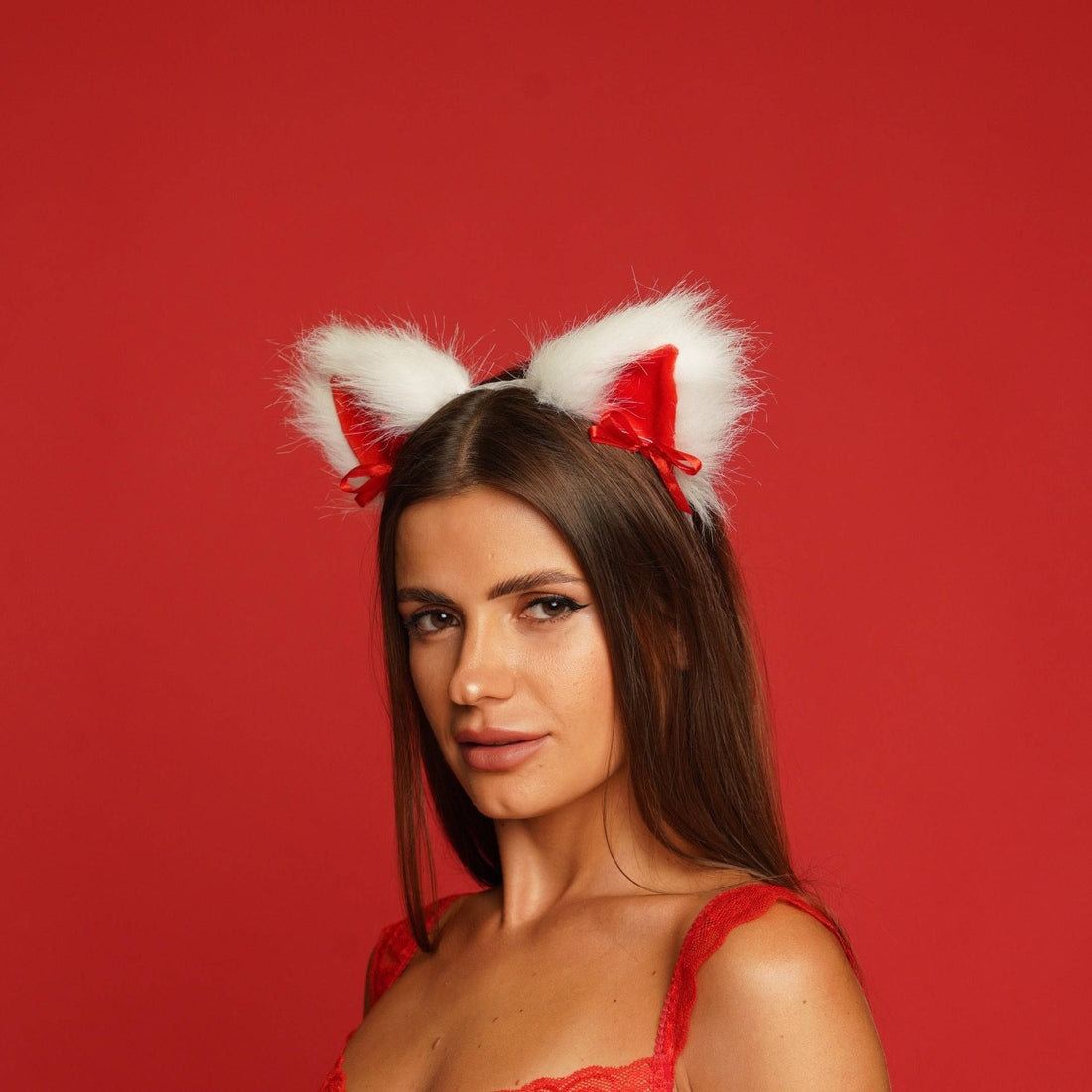 Kitten ears white with red tip and red ribbons - OKOVA